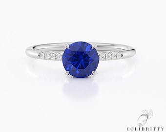 14K White Gold Sapphire Ring – 6.5mm Round Blue Sapphire Engagement Ring – Dainty Solitaire Gemstone Ring – September Birthstone Jewelry