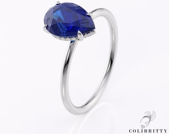 Pear shaped sapphire engagement ring White Gold 14k 18k Hidden Halo Ring Lab Sapphire Ring Tear drop wedding ring Blue promise ring for her