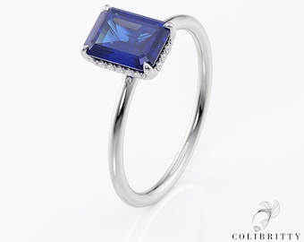 Emerald Cut Sapphire Halo Ring September Birthstone Blue Gemstone Ring Lab Created Stone Wedding Ring For Bride Art Deco Anniversary Ring