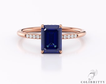 Emerald Cut Blue Sapphire Ring Rose Gold 14k / 18k Large Lab Created Sapphire Birthstone Gemstone 8X6 mm Real Diamonds Hiddeh Halo Pave