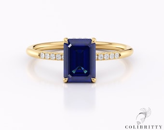 Emerald Cut Sapphire Ring With Diamonds Yellow Gold 14k / 18k Lab Created Blue Gemstone 8X6 mm Hidden Halo Engagement Ring Anniversary Gift