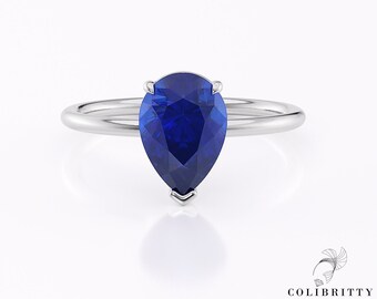 Pear Shaped Sapphire Ring – 14K/18K White Gold Blue Gemstone Ring | Solitaire Engagement Ring | September Birthstone | Gift for Her
