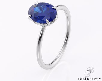 Oval sapphire halo ring Blue engagement ring 14k White gold 1.7 Ct Gemstone wedding ring Birthstone promise ring Anniversary gift for wife