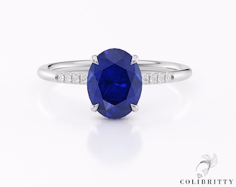 Oval Sapphire Engagement Ring White Gold 14K / 18K Half Eternity Real Diamond Pave and Hidden Halo September Birthstone Ring Gift for Her