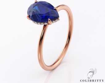 Pear Shaped Blue Sapphire Ring Rose Gold 14k/18k – Hidden Halo Lab Sapphire Engagement Ring – Dainty Promise Ring for Her - Wedding Ring