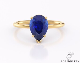 14k Gold blue sapphire pear shaped ring Pear cut sapphire engagement ring Blue sapphire wedding ring Teardrop lab sapphire promise ring