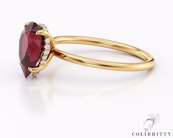 14k Pear Shaped Ruby and Diamond Ring Halo Ring 1.7 Ct Lab Grown Ruby Ring Teardrop Ruby Ring Anniversary Ring For Her July Birthstone Gift