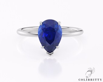 Sapphire pear shape ring White gold engagement ring Pear cut sapphire ring Blue sapphire wedding ring Teardrop lab created sapphire ring