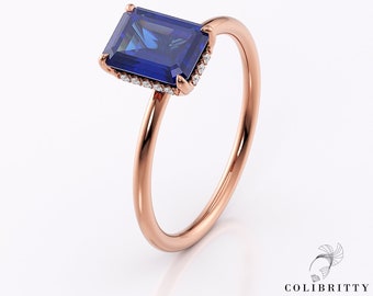 Lab Created Emerald Cut Sapphire Ring Rose Gold 14k 18k Sapphire Engagement Ring Hidden Halo Sapphire Ring September Birthstone Gift for Her