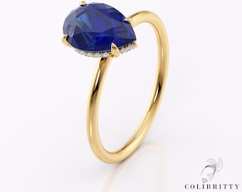Sapphire wedding ring yellow gold Sapphire halo ring Pear shaped ring Blue sapphire ring Lab grown sapphire ring Promise Anniversary gift