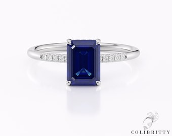 Emerald cut blue sapphire engagement ring White Gold 14k / 18k Large Lab Grown Sapphire Gemstone 8X6 Real Diamonds Hiddeh Halo Pave Prons