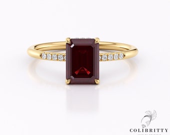 Emerald Cut Ruby Gold Ring with Diamonds Solitaire Ruby Ring July Birthstone Wedding Ring Mother's Day Gift For Her Ruby Engagement Ring
