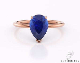 Rose gold blue sapphire engagement ring 14k / 18k - Modern pear cut sapphire ring - Teardrop sapphire ring - Sapphire wedding ring for her
