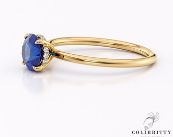 Round Blue Lab Sapphire Ring – 14K/18K Yellow Gold Engagement Ring with Natural Diamonds | Solitaire Gemstone Ring | Gift for Her