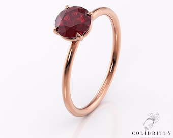 Anello nuziale in oro rosa 14k con rubino rosso Anello con pietra solitaria Anello con pietra preziosa da laboratorio Taglio rotondo Anello di fidanzamento Minimalista 18k Anello di promessa per lei