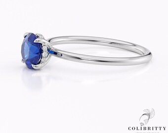 Round cut sapphire engagement ring 14k Gold ring 18k Gold ring White gold sapphire ring Hidden halo ring Blue gem ring Lab sapphire ring