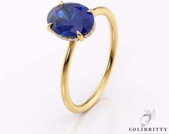 Oval sapphire ring with diamond halo Blue wedding ring Large engagement ring 14k / 18k Gold gemstone ring Promise Anniversary gift for Her
