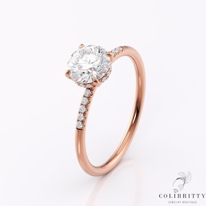 Forever one moissanite diamond ring Promise ring for her Rose gold 14k 18k Hidden halo and pave ring 4 Prongs 6.5 mm Round cut gemstone ring