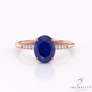 Bague de fiançailles en saphir ovale de 1,7 carat avec diamants Bague de promesse bleue pour femme Bague de naissance de septembre en or rose 14 carats / 18 carats