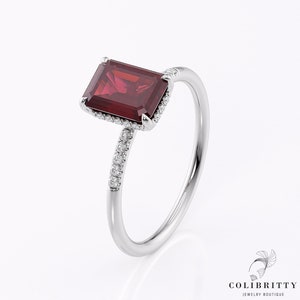 Lab grown genuine ruby ring Halo engagement ring 1.4 Ct 8x6 mm Emerald cut ruby G VS Diamond pave Red gem stone ring Women Anniversary gift