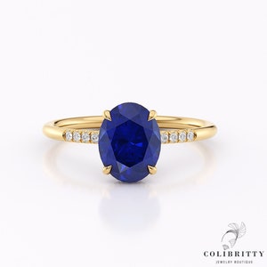 14k Oval blue sapphire engagement ring Hidden Halo Diamond Pave Promise Ring for Her Yellow Gold 18K Blue Wedding Ring Anniversary Ring