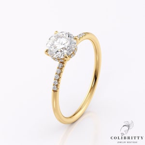Promise moissanite diamond ring for her 14k Gold ring Hidden halo and pave ring 4 Prongs 6.5 mm Round cut gemstone 18k Gold Wedding ring