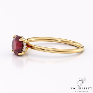 Red ruby promise ring 14k Gold wedding ring Round cut lab created stone ring Natural Diamonds HIdden Halo ring Gemstone ring for Women