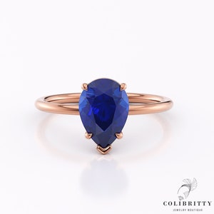 Rose gold pear shape solitaire sapphire ring 14k Pear cut sapphire engagement ring Blue sapphire wedding ring Big lab created sapphire ring