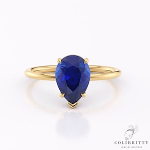 14k Gold blue sapphire pear shaped ring Pear cut sapphire engagement ring Blue sapphire wedding ring Teardrop lab sapphire promise ring