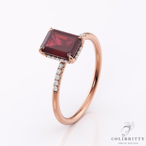 Rose gold ruby ring, Emerald cut ruby stone ring 1.4 Ct, 8x6 Lab grown ruby ring, Hidden halo ruby and diamond ring, Birthday gift for her