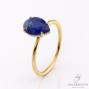 Saffier trouwring geelgouden saffier halo ring Peervormige ring Blauwe saffier ring In lab gekweekte saffier ring Belofte verjaardag cadeau