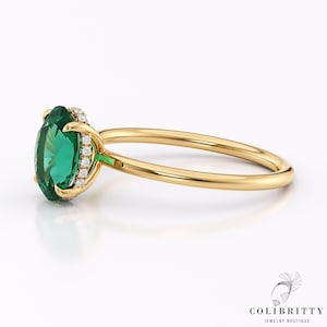 Lab Created Emerald ring Yellow gold 14k 18k Real diamonds hidden halo ring setting Green oval emerald solitaire ring Unique wedding ring