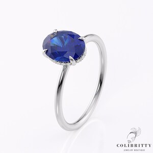 Oval sapphire halo ring Blue engagement ring 14k White gold 1.7 Ct Gemstone wedding ring Birthstone promise ring Anniversary gift for wife