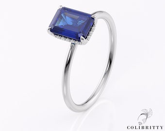 Baguette cut sapphire and diamond engagement ring - 5 year Wedding Anniversary ring - Minimalist gemstone jewelry