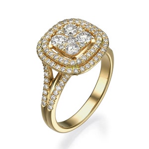 Illusion setting diamond engagement ring - Art deco wedding ring for women - 14K / 18K Yellow gold statement ring