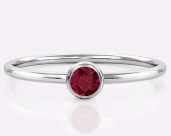 Anillo de rubí solitario para mujer, mamá, delicado rubí rojo, piedra natal de julio, bisel de oro blanco de 14 k, anillo de promesa simple, regalo, joyería