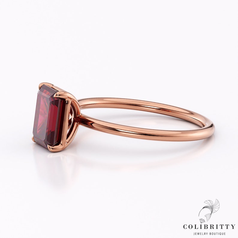 Emerald Cut Ruby Solitaire Ring Rose Gold Promise Ring 1.4 Ct Lab Grown ...