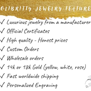 May include: A gold background with a list of features for Colibritty Jewelry. The features include luxurious jewelry from a manufacturer, official certificates, high quality and honest prices, custom orders, wholesale orders, 14k or 18k gold in yellow, white, or rose, fast worldwide shipping, and personalized engraving.