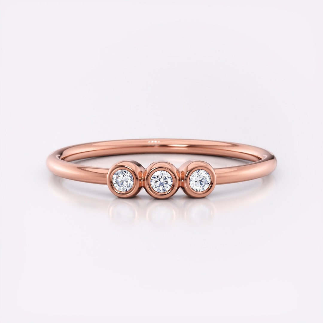 Stacking Rose Gold Bezel Set Diamond Ring - Three Stone Ring - Simple