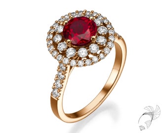 Rose gold double halo ruby ring Victorian style ring 1.39 Ct Round cut gemstone ring 14k 18k Birthstone ring Cluster ring Anniversary gift