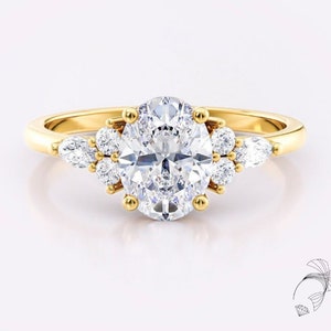 1Ct Gold Moissanit Verlobungsring - Ovaler Cluster Brautring - 14K Gold Vintage Ehering - Einzigartiger Blumen Verlobungsring - Zierlicher Ring