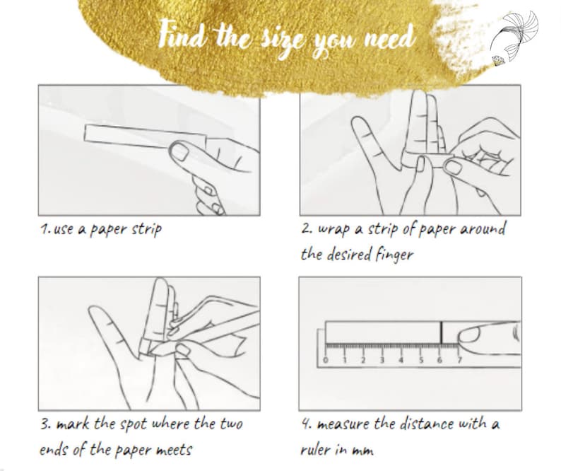 May include: A four-step guide on how to measure your finger size for a ring. The steps are illustrated with drawings of hands and a ruler. Step 1: Use a paper strip. Step 2: Wrap the paper strip around your finger. Step 3: Mark the spot where the paper meets. Step 4: Measure the distance with a ruler in millimeters.