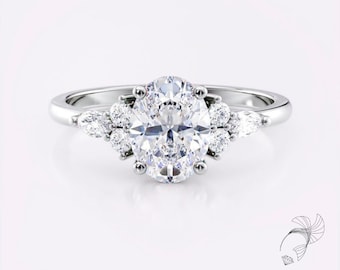 Oval Moissanite Cluster Engagement Ring Marquise Wedding Ring 14k White Gold Unique Victorian Handmade Bridal Ring Anniversary Gift for Her