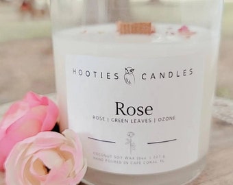 Rose Candle, Rose Coconut Soy Candle, Rose Petal Candle, 8oz Candle, Floral Candle, Romantic Gift, Spa Gift, Wooden Wick Candle