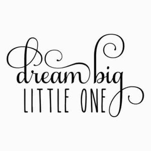 May include: Black and white calligraphy text that reads "Dream big little one".