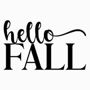 以下が含まれることがあります： 「hello fall」と書いてある白黒のグラフィックテキスト。helloは筆記体、fallはブロック体。