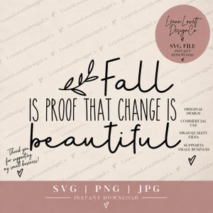 May include: A digital graphic design featuring the black text Fall IS PROOF THAT CHANGE IS beautiful with a small leaf illustration. The design includes a circular badge stating SVG FILE INSTANT DOWNLOAD and text indicating support for small business.