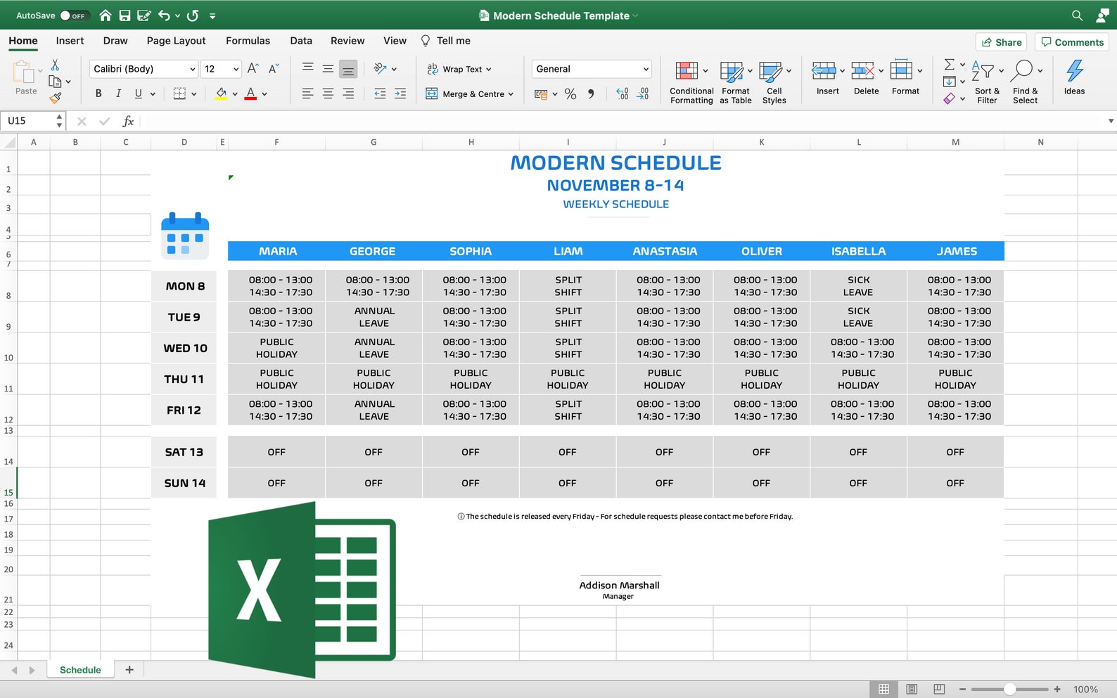 Weekly Schedule Excel Template | Etsy