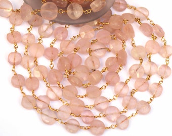 22k Gold/silver/black plated Natural Rose Quartz Gemstone Rosary Chain 8mm Chains for Jewelry Making Rose Quartz coin Beaded Chain Necklace