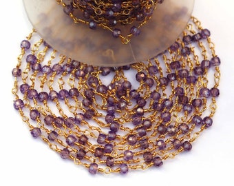 22 k Gold plated Natural Purple Zircon , Gemstone Rosary Chain, 3 mm Chains for Jewelry Making, Natural Purple Zircon Beaded Chain, Bulk